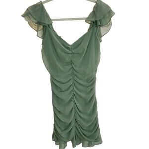 Zara Green Ruched Ruffle Mini Dress Sage Chiffon Look M